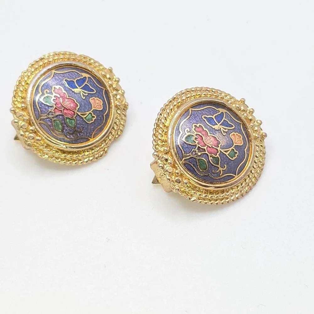 Vtg Cloisonne Butterfly Flower Earrings‎ Purple Red Gold Tone Leaf Disc Clip-Ons